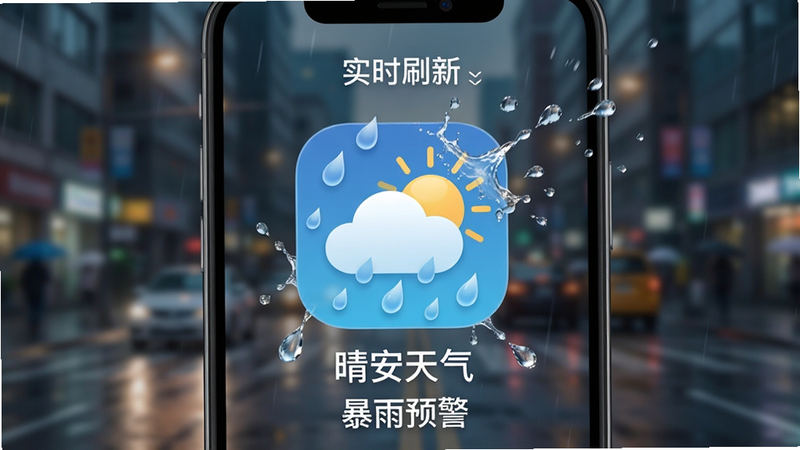 主体为动态效果模拟图,展示手机界面上雨滴图标正在变化,背景是模糊的城市街景,布局聚焦于屏幕中央的天气图标,排版突出动态感,风格科技感与写实结合,细节处有雨滴飞溅的高光,画质细腻,干净,无多余元素,文字包含