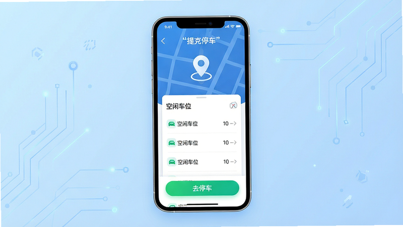 主体为提克停车App手机界面预览图,布局采用居中展示,背景为浅蓝色渐变科技风,屏幕显示地图定位图标与‘空闲车位’列表,排版简洁清晰,风格现代扁平化,细节处有绿色‘去停车’按钮高亮,画质高清,干净,无多余元素,文字标注‘提克停车’,文字加引号,分辨率4k