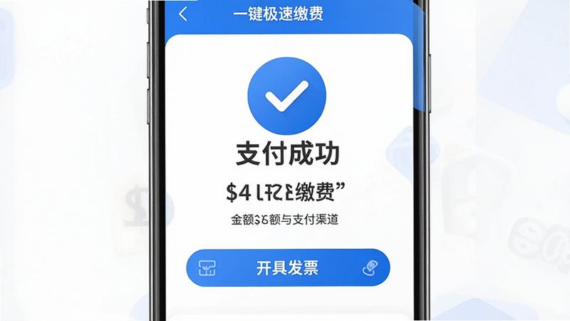 主体为提克停车App支付成功页面,布局为中央大图标‘支付成功’,下方显示金额与支付渠道,风格为商务蓝白配色,细节展示对勾图标与‘开具发票’按钮,排版对称美观,画质高清,干净,无多余装饰,文字标注‘一键极速缴费’,文字加引号,无多余元素