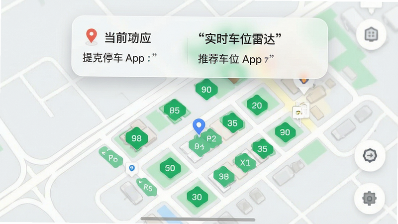 主体为提克停车App地图模式界面,布局为全屏地图视图,上方叠加半透明悬浮层显示当前定位与推荐车位,风格为清新简约,细节展示地图上的绿色车位图标与距离标注,排版合理,画质清晰,无杂乱背景,文字标注‘实时车位雷达’,文字加引号,无多余元素