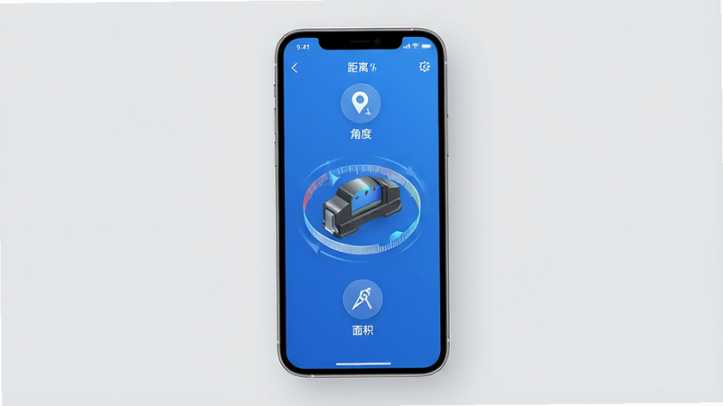 致测 APP 界面全景展示,主体为智能手机屏幕,显示简洁清爽的蓝色主色调测量仪表盘,中央有一个动态旋转的 3D 虚拟标尺模型,周围环绕着“距离”、“角度”、“面积”三个功能模块图标,背景为浅灰色极简风格,布局平衡,排版清晰,风格现代科技感,细节精致,无多余装饰,高清画质,干净
