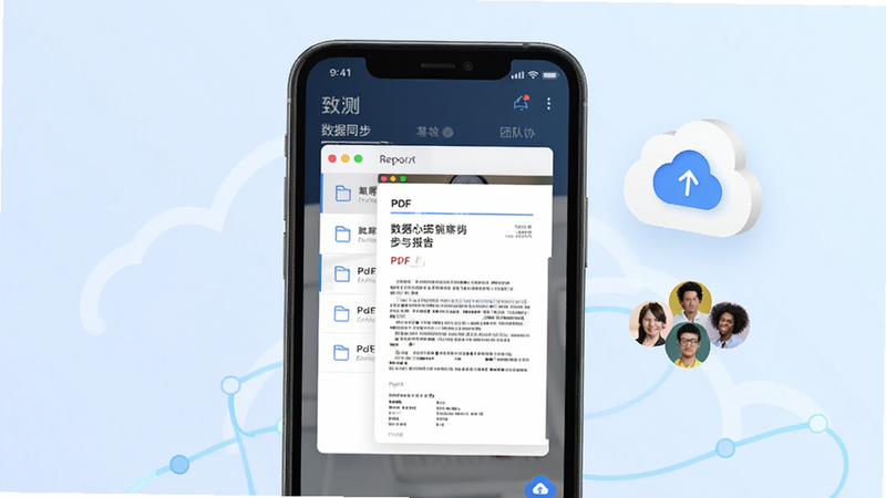 致测 数据同步与报告界面,主体为手机屏幕显示文件列表与 PDF 报告预览窗口,旁边悬浮着一个云同步图标和团队协作头像组,背景为淡蓝色渐变,体现云端连接与协作概念,布局整洁,风格商务简约,细节丰富,无杂乱元素,清晰度高