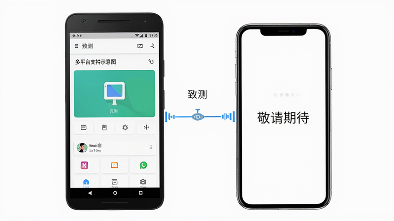 致测 多平台支持示意图,主体为安卓手机与 iPhone 并排展示,安卓手机屏幕显示致测运行界面,iPhone 屏幕显示“敬请期待”字样,中间有连接线条,背景为纯白色,风格简洁明了,细节精致,无多余元素,高清画质
