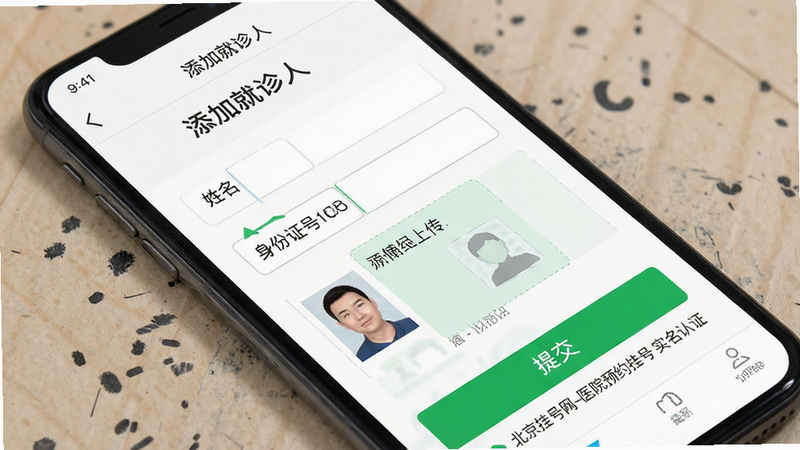 �ֻ�ʵ����֤���̽��棬����ΪAPP�ڵġ����Ӿ����ˡ�ҳ�棬���ְ�������������֤�����������֤�ϴ����򣬷�������ˣ�ϸ�ڰ�����ɫ���ύ����ť����ʾ���֣����ʸ��壬�ɾ����޶���Ԫ�أ����֡������Һ���-ҽԺԤԼ�Һ� ʵ����֤������