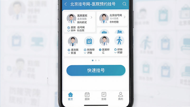 �ֻ�APP����չʾ������Ϊ�������Һ���-ҽԺԤԼ�Һš�Ӧ����ҳ������������������ʾҽԺ�б����в�ͻ�������ٹҺš���ť���ײ��е�������������ִ���ϸ�ڰ���ҽ��ͷ��Ϳ���ͼ�꣬���ʸ��壬�ɾ����޶���Ԫ�أ����֡������Һ���-ҽԺԤԼ�Һš������ɼ�