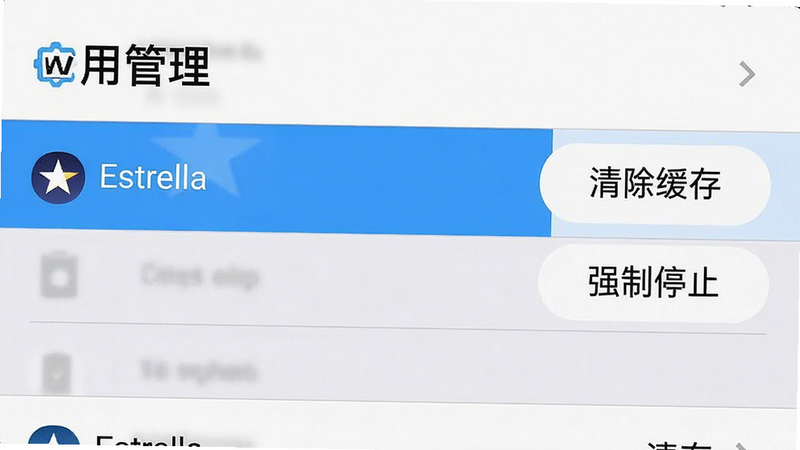 手机设置界面的截图风格图,主体是“应用管理”列表,其中“Estrella”被高亮选中,右侧有“清除缓存”和“强制停止”按钮,背景白色,布局标准,排版清晰,风格系统原生,细节真实,高清UI,干净无广告