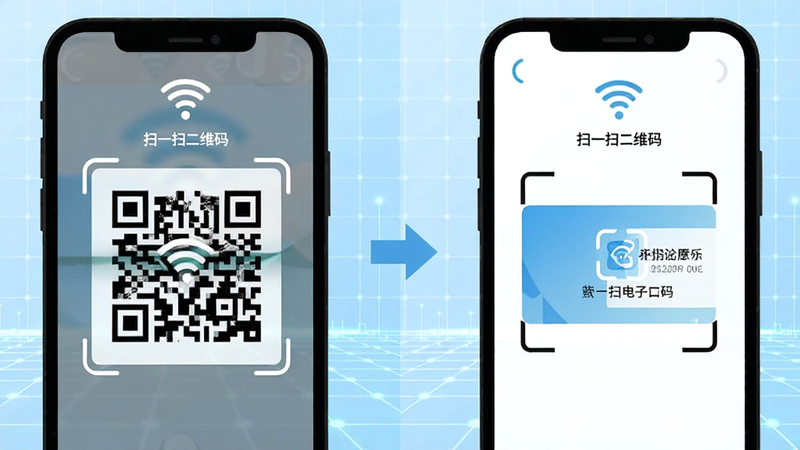 ����չʾЧ����������ֻ�ɨ��Wi-Fi��ά��Ľ��棬�Ҳ����ֻ�ɨ�������Ƭ�Ľ��棬�������涼������ʾ��ɨһɨ��ά�롱��Logo���м��ü�ͷ���ӱ�ʾ������ת������Ϊǳ��ɫ�Ƽ������񣬲��ֶԳƣ�ɫ�����£�����ƽ�����ɾ����䣬������Ԫ��