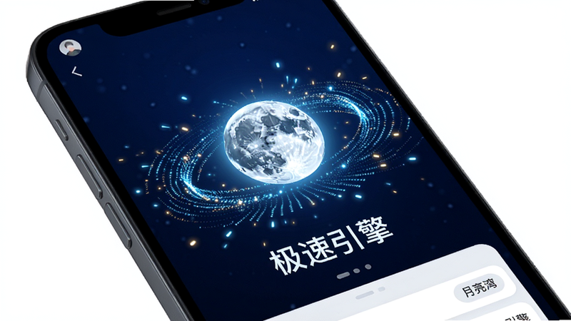 主体为手机屏幕特写,展示月亮湾APP的数据处理界面,背景为深空蓝色,屏幕中央有一个发光的月球图标,周围环绕着快速流动的数据光点,象征极速响应。布局居中对称,排版现代科技感,细节处有光粒子特效,画质超清,干净无杂乱元素,文字显示“极速引擎”