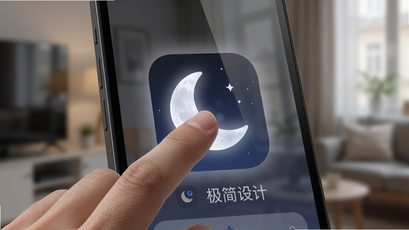主体为一只手正在触摸月亮湾APP的图标,图标为新月形状,发出柔和的白光。背景为模糊的室内环境,突出前景的手部动作和屏幕界面。布局聚焦于交互瞬间,排版简洁,细节处有皮肤纹理和屏幕反光真实感,画质写实风格,干净,文字显示“极简设计”
