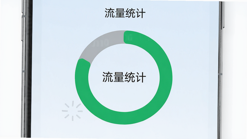 主体为月亮湾APP的流量统计界面,显示一个环形图表,绿色部分表示已用流量,灰色部分表示剩余流量。背景为浅蓝色,布局简洁,文字清晰显示“流量统计”,画质高清,干净,无多余元素