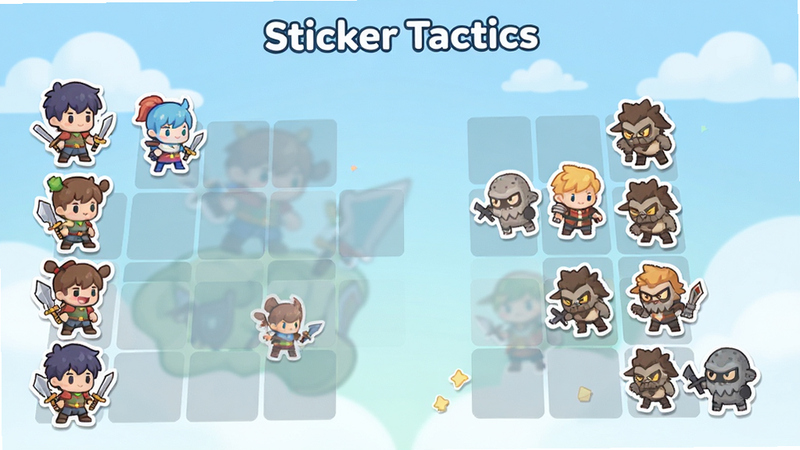 主体展示 Sticker Tactics 游戏主界面,布局为横向棋盘式战斗场景,左侧为玩家贴纸角色队列,右侧为敌人贴纸角色,中央为对战区域,背景为柔和的淡蓝色渐变天空,点缀少量云朵,风格为清新可爱的卡通扁平化设计,细节丰富,角色表情生动,画质高清,干净无多余元素,文字