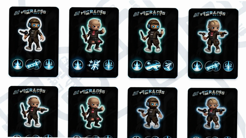主体为 Sticker Tactics 中的贴纸角色卡片展示,布局为网格状排列,每张卡片清晰展示角色立绘与技能图标,背景为纯白色,风格为现代简约 UI 设计,细节处有微光特效,画质清晰,干净无多余元素