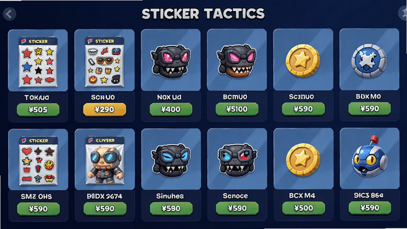 主体为 Sticker Tactics 游戏商店界面,布局为网格状商品展示,包含贴纸包、皮肤与货币选项,背景为深蓝色,风格为华丽且清晰,细节展示价格标签与购买按钮,画质高清,干净无多余元素