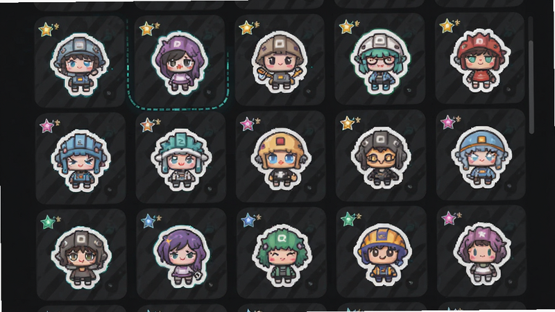 主体为 Sticker Tactics 贴纸图鉴界面,布局为多列滚动列表,展示各种不同颜色和形状的贴纸角色,背景为深灰色,风格为科技感与可爱风结合,细节处有稀有度光效,画质清晰,干净无多余元素