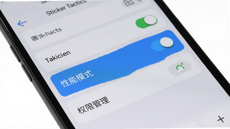 主体为手机屏幕上显示 Sticker Tactics 设置界面,布局为列表式选项,高亮显示