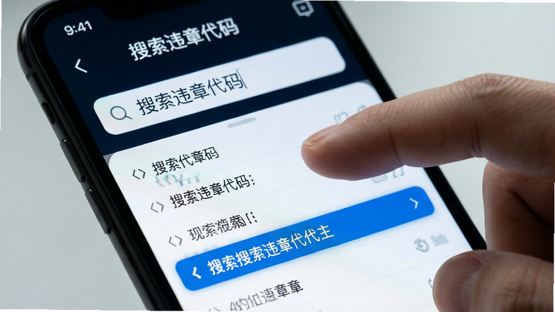 特写镜头展示手机APP中的搜索界面,手指正在输入代码,屏幕上方显示“搜索违章代码”,下方列表快速滚动,界面设计简洁,字体清晰,高亮显示搜索结果,风格科技感强,画质高保真,无杂乱背景