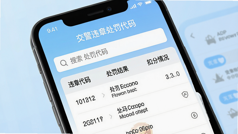 一张展示“交警违章处罚代码”APP界面的高清图片,主体为手机屏幕,屏幕中央显示搜索框和列表,列表项包含“违章代码”、“处罚结果”、“扣分情况”等字段,背景为简洁的浅蓝色渐变,风格现代扁平化,画质清晰,无多余装饰元素