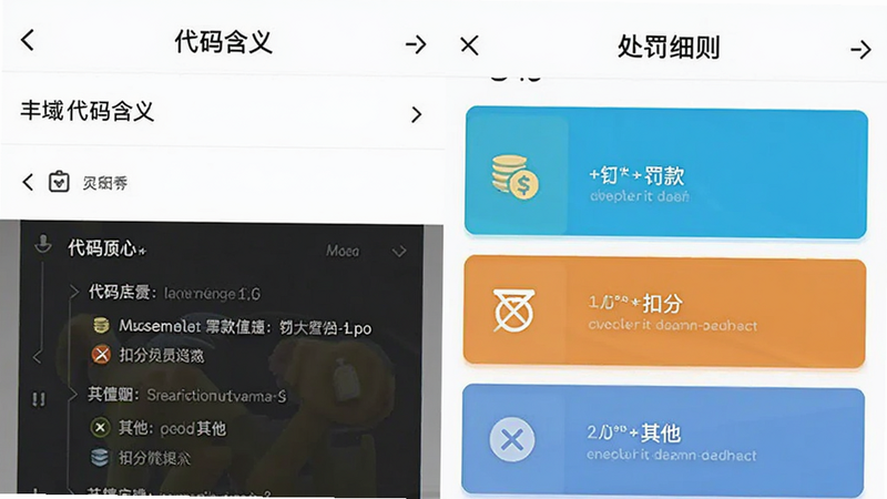 展示APP详情页面的截图,页面分为左侧代码含义和右侧处罚细则,右侧用不同颜色区分“罚款”、“扣分”、“其他”,图标清晰,排版整齐,背景为白色,风格专业严谨,画质细腻,无水印