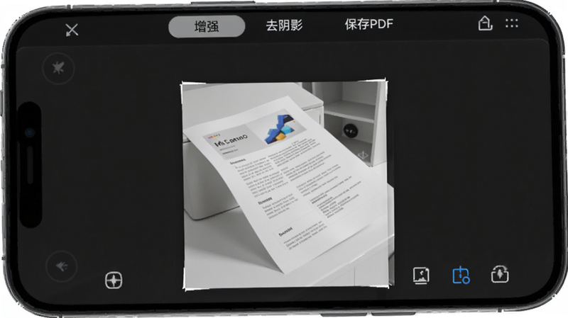 主体为Mi See Pro文档扫描界面,手机屏幕中显示一张歪斜的纸张照片,经过处理后变为方正清晰的白色背景文档,界面上方有