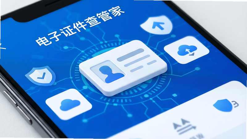 一张高清手机屏幕特写,展示电子证件查管家APP的主界面,蓝色科技感背景,中央有一个立体的白色证件卡片图标,周围环绕着简洁的UI元素,如盾牌代表安全,云朵代表同步,文字清晰显示“电子证件查管家”,整体风格现代、干净、无多余装饰,高分辨率,扁平化设计
