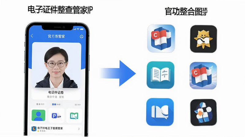对比图,左侧显示电子证件查管家APP界面,右侧显示多个官方APP图标,中间用箭头连接,表示整合功能,背景白色,简洁明了,突出整合优势,高清渲染,无多余装饰