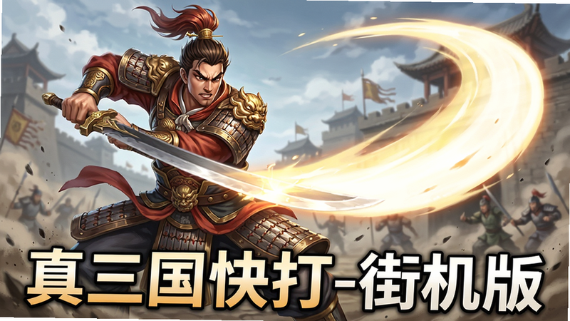 主体为武将挥刀斩击的瞬间,布局充满张力,刀光轨迹呈弧线贯穿画面,排版动态感强,风格为写实动漫混合,细节处可见衣物飘动与尘土飞扬,文字包含