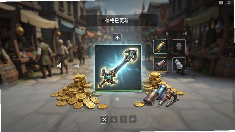 游戏内拍卖行界面截图,中央展示一把发光的极品武器,周围环绕着金币堆和各类材料图标,背景为模糊的集市人群,界面UI简洁现代,文字显示“价格已更新”,风格写实,高清