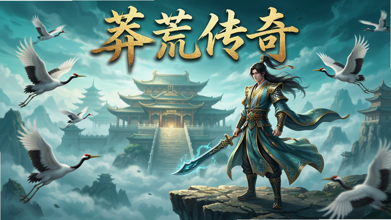 高清游戏海报,主体为身穿古装仙侠服饰的角色站在悬崖边,背景是云雾缭绕的宏伟宫殿和飞舞的仙鹤,画面色调偏青蓝与金色,展现史诗感,文字“莽荒传奇”悬浮在顶部,4k画质,细节丰富,无多余元素