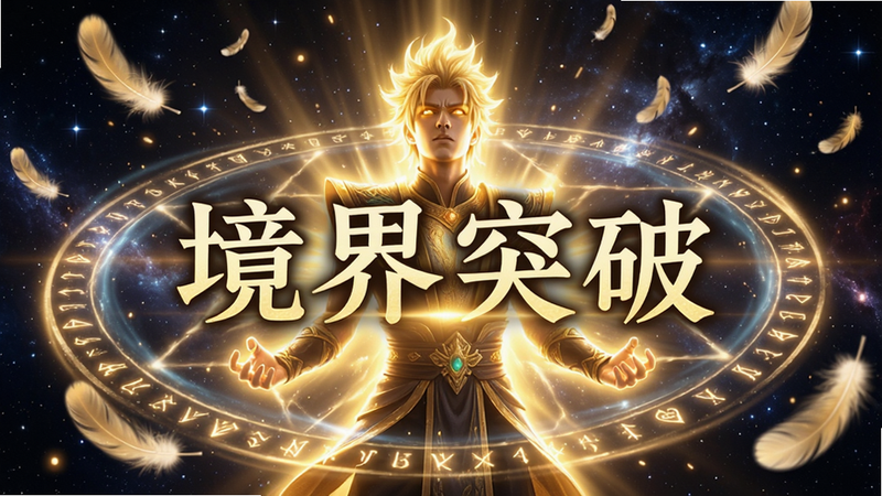 角色突破境界的瞬间,全身散发金色光芒,周围环绕着旋转的法阵和飘落的羽毛,背景为星空宇宙,视觉冲击力强,文字“境界突破”居中显示,特效华丽,高清晰度