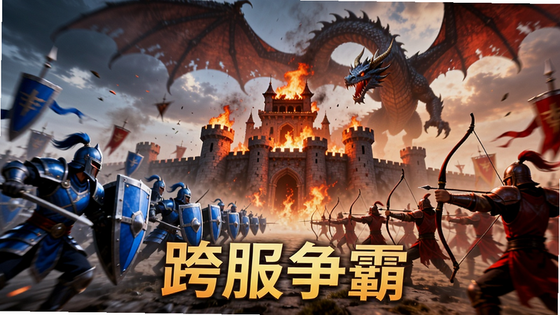 大规模公会战斗场景,左侧蓝方阵营持盾牌冲锋,右侧红方阵营射箭反击,中间有一座燃烧的古堡,天空中有巨大的龙影盘旋,画面宏大,色彩对比强烈,文字“跨服争霸”醒目,动作定格,高清细节