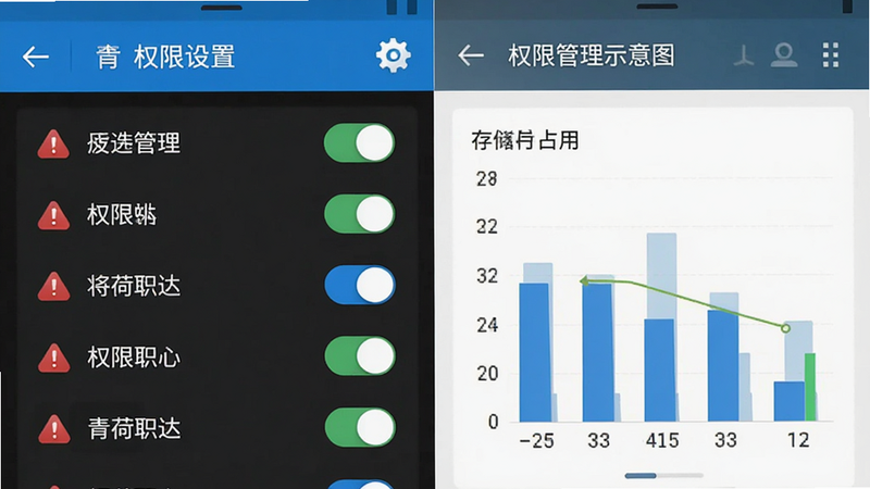 主体为青荷职达安卓设置界面与权限管理示意图,布局展示权限开关列表与存储占用图表,排版清晰易读,风格实用主义,细节包含红色的警告图标与蓝色的设置齿轮,文字“权限管理”清晰可见,高清晰度,无背景干扰
