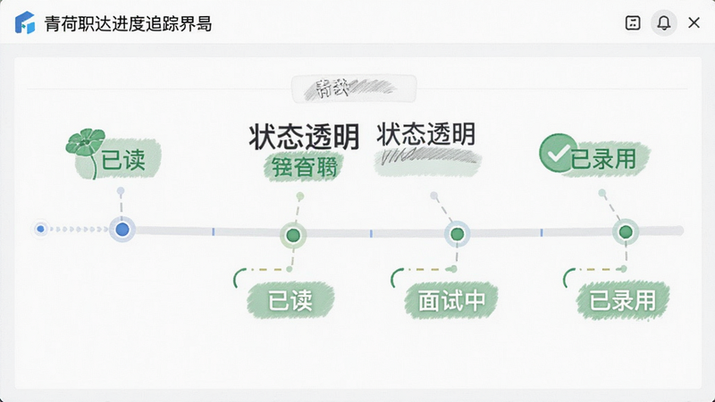 主体为青荷职达进度追踪界面截图,布局呈现时间轴形式的流程节点,排版整齐有序,风格简洁专业,细节包含不同状态下的图标标识如已读、面试中、已录用,文字“状态透明”醒目展示,清晰锐利,背景纯净