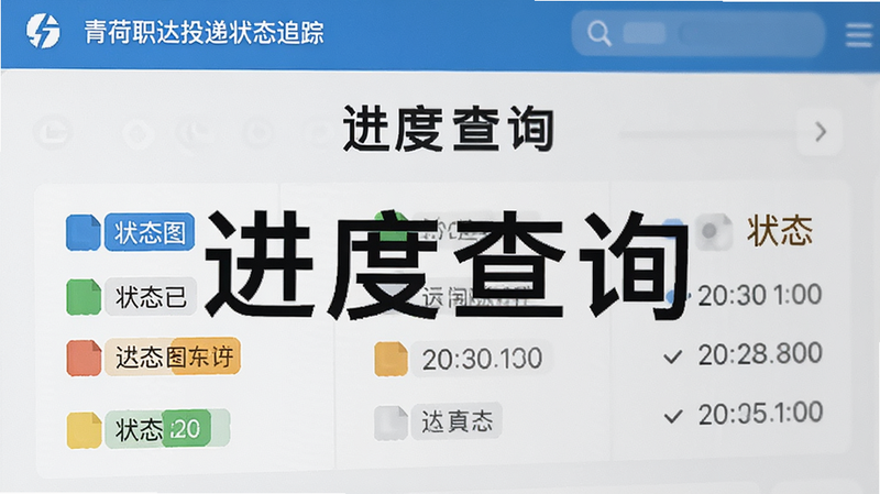 主体为青荷职达投递状态追踪界面特写,布局展示不同状态颜色的图例说明,排版简洁明了,风格扁平化,细节包含各种状态标签与时间戳,文字“进度查询”突出显示,清晰锐利,无多余元素