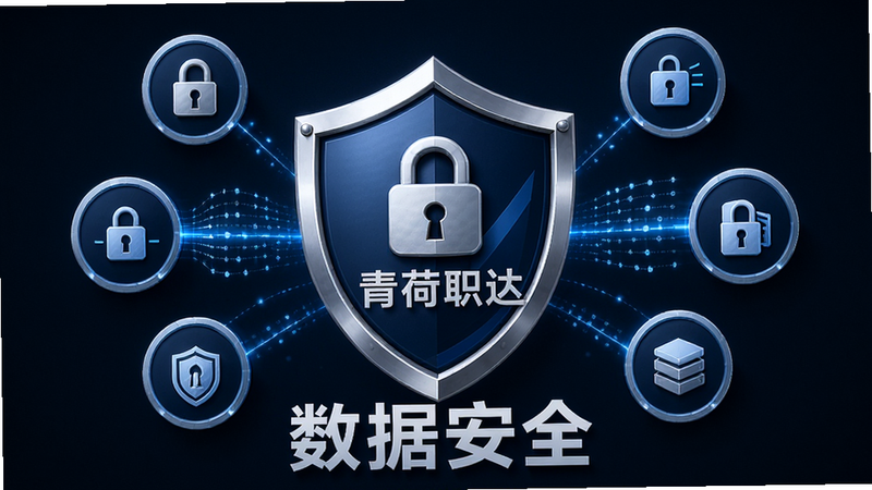 主体为青荷职达安全盾牌概念图,布局以盾牌为中心辐射出隐私保护图标,排版对称平衡,风格严谨可靠,细节包含锁形图标与加密数据流,文字“数据安全”加粗显示,高质量渲染,无多余装饰