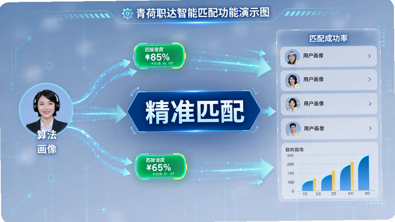 主体为青荷职达智能匹配功能演示图,布局展示算法连接用户画像与职位列表的动态效果,排版强调数据流向与匹配成功率图表,风格科技感强,细节包含高亮的匹配度百分比标签,文字“精准匹配”居中显示,高分辨率,无杂色干扰