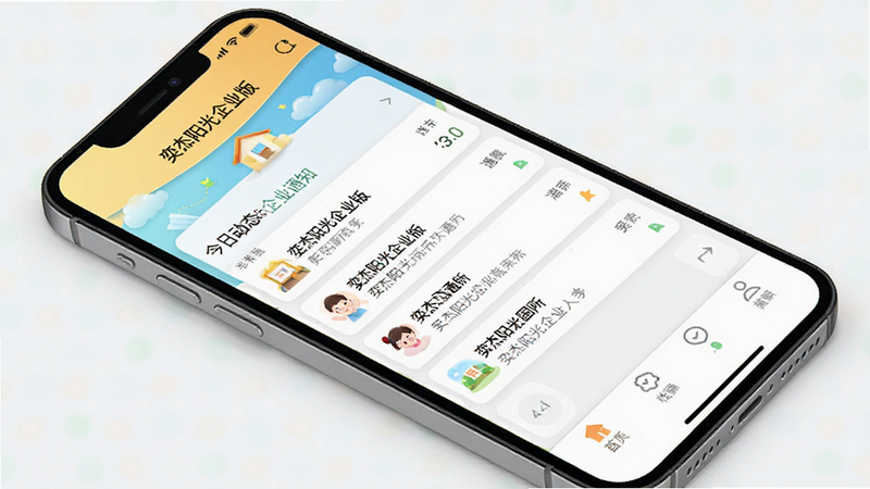 一张展示奕杰阳光企业版APP主界面的高清UI设计图,主体为手机屏幕,布局清晰,顶部显示园所名称,中间为今日动态与通知列表,底部为导航栏,风格清新简约,色彩明亮,细节丰富,4k画质,干净无多余元素,文字内容为“奕杰阳光企业版”