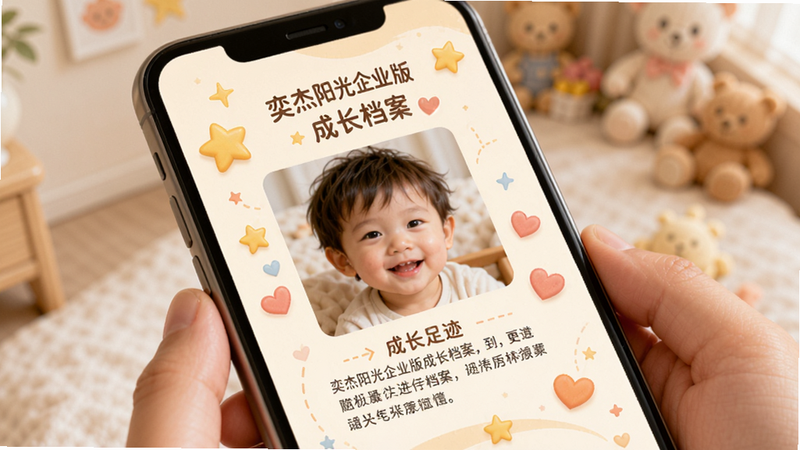 奕杰阳光企业版成长档案页面展示,手机屏幕上显示孩子的一张照片和一段文字描述,周围环绕着星星和爱心装饰元素,色调温馨柔和,体现亲子温情,文字标注“成长足迹”,高清,细节精致,无杂乱背景