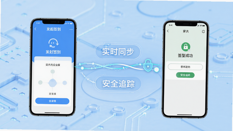奕杰阳光企业版考勤功能演示图,画面左侧为教师手机展示发起签到界面,右侧为家长手机展示签到成功界面,中间有数据流连接效果,背景为淡蓝色科技风,文字标注“实时同步”、“安全追踪”,高清,简洁,无水印