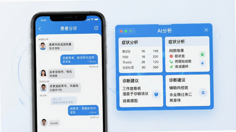 展示AI辅助问诊界面的概念图,左侧为手机屏幕显示患者对话气泡,右侧为悬浮的AI分析面板,包含“症状分析”、“诊断建议”等模块,界面色调为清爽的蓝白色,字体清晰易读,体现科技感与专业性,细节丰富,高清渲染,干净背景