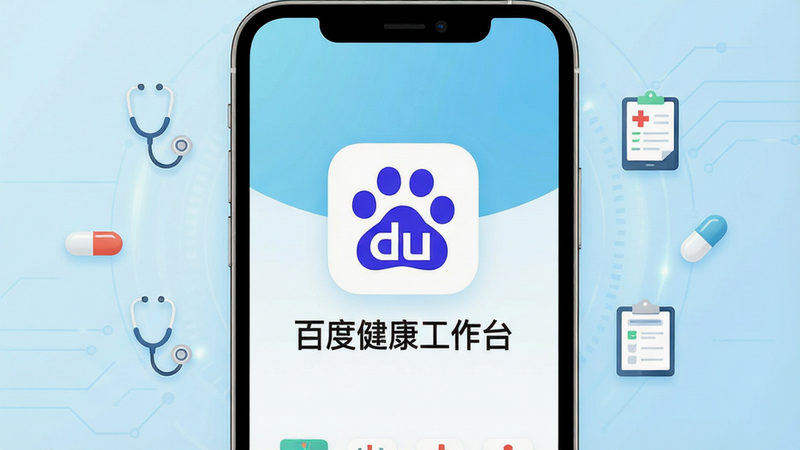 一张现代简约风格的软件界面展示图,主体为“百度健康工作台”App手机模型,背景为淡蓝色医疗科技渐变,画面中心突出显示App图标及“百度健康工作台”字样,周围环绕着听诊器、胶囊、电子病历等微小图标,整体布局整洁有序,采用扁平化设计风格,高清画质,无多余装饰元素