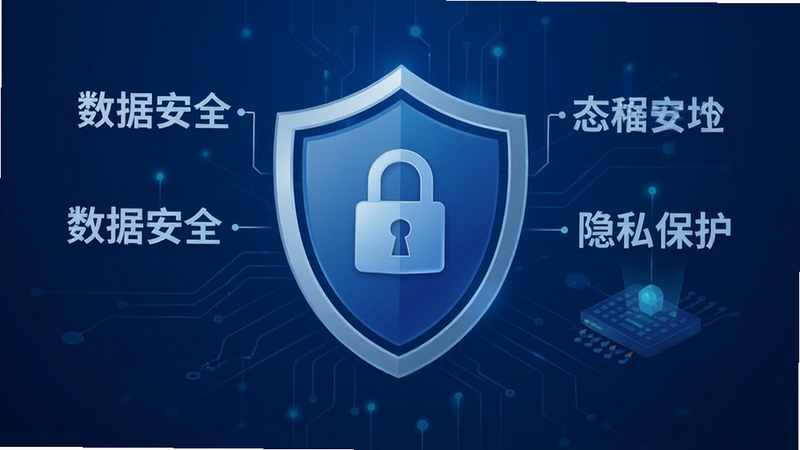 软件安全认证示意图,展示盾牌图标与“数据安全”、“隐私保护”等文字,背景为深蓝色,体现安全与可靠,构图简洁,细节清晰,高清渲染,无多余元素
