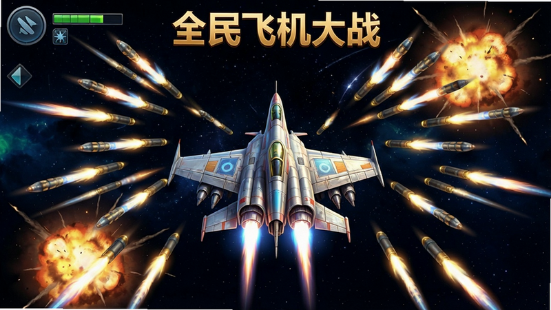 一张高清手机屏幕截图风格的全民飞机大战游戏界面展示图,主体为中央的炫酷战机正在发射密集弹幕,背景是深邃星空与爆炸火光,布局居中对称,排版清晰,风格为二次元科幻与写实结合,细节丰富,画质4K高清,干净无多余元素,文字包含