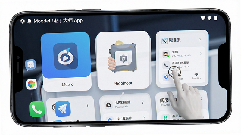 主体为电工大师App在安卓手机上的运行效果图,布局为全屏显示,排版为卡片式设计,风格为科技感,细节显示通知栏、应用图标、操作手势,画质逼真,干净,无多余元素,文字“移动端”