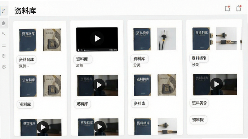 主体为电工大师资料库界面,布局为网格列表,排版整齐,风格为极简主义,细节展示书籍、视频播放按钮、分类标签,画质高清,干净,无多余元素,文字“资料库”