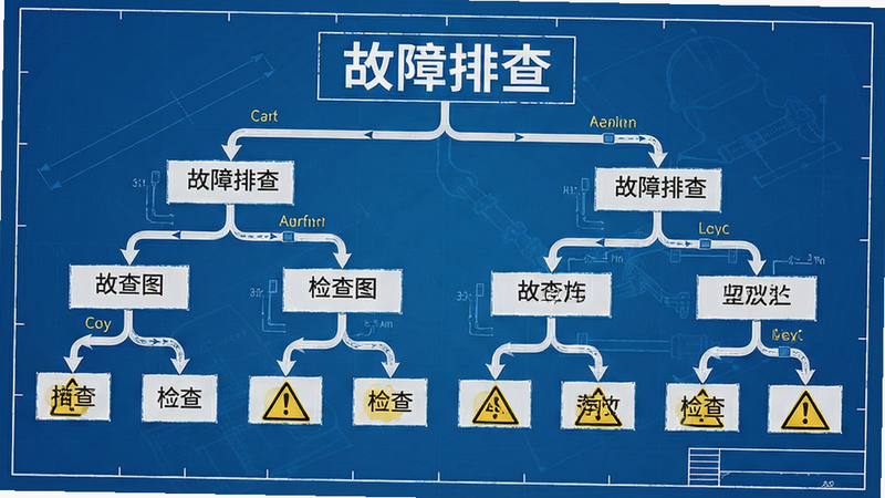 主体为电工大师故障排查流程图,布局为树状结构,排版逻辑清晰,风格为工程蓝图风,细节包含箭头指引、检查节点、警示标志,画质细致,干净,无多余元素,文字“故障排查”