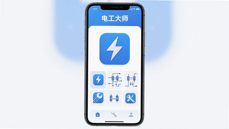 主体为电工大师App手机界面展示,布局为居中竖屏,排版清晰,风格为扁平化科技蓝,细节包含高压电、电路图、扳手图标,画质4k,干净,无多余元素,文字“电工大师”