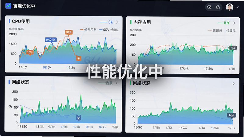 主体为宙包App的性能监控界面,布局显示CPU使用率、内存占用及网络状态图表,排版为仪表盘风格,色彩鲜明易读,细节显示实时数据波动,画质高清,干净,文字显示为“性能优化中”