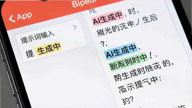 主体为手机屏幕特写,显示宙包App中的文字生成界面,布局左侧为提示词输入区,右侧为实时生成的文本流,排版清晰分隔,风格为扁平化UI设计,细节高亮显示关键句,画质锐利,干净,文字显示为“AI生成中”