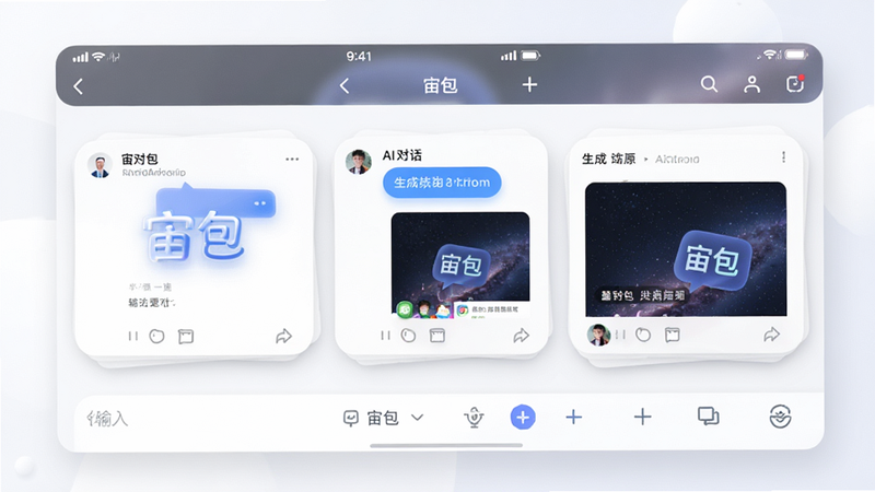 主体为宙包Android应用界面全景图,布局采用上下结构,顶部显示状态栏与导航栏,中间区域展示AI对话或生成内容卡片,底部为输入框与功能按钮,排版整洁有序,风格为现代极简科技风,细节呈现柔和阴影与圆角设计,画质高清8k,干净无多余元素,文字显示为“宙包”