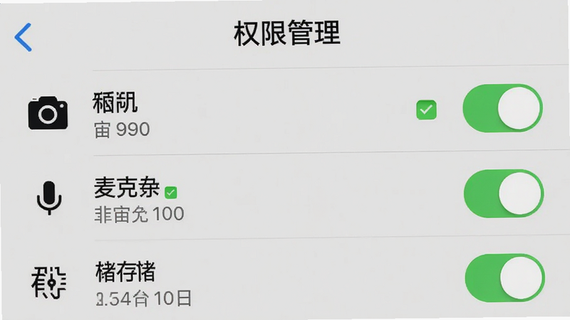 主体为手机设置界面截图,展示宙包App的权限管理页面,布局为列表形式,包含相机、麦克风、存储等权限开关,排版简洁明了,风格为系统原生UI,细节显示权限状态图标,画质清晰,干净,文字显示为“权限管理”